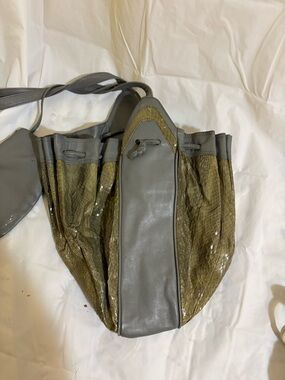 Vintage Clemente Italy Leather Snake Embossed Bucket Bag Gray Boho w/ Pouch